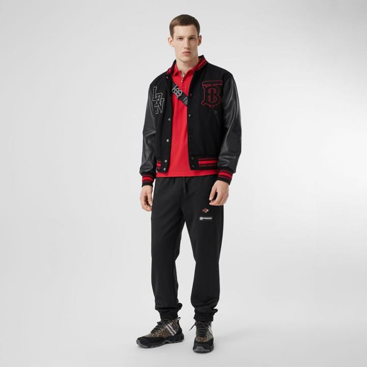 Burberry Burberry Contrast Sleeve Logo Graphic Wool Bomber Jacket, Size: 38, Black