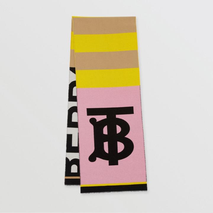 Burberry Burberry Contrast Logo Detail Striped Wool Silk Scarf, Yellow