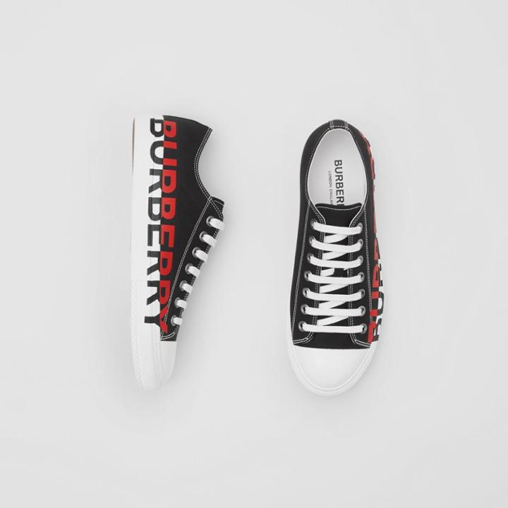 Burberry Burberry Logo Print Cotton Gabardine Sneakers, Size: 43, Black