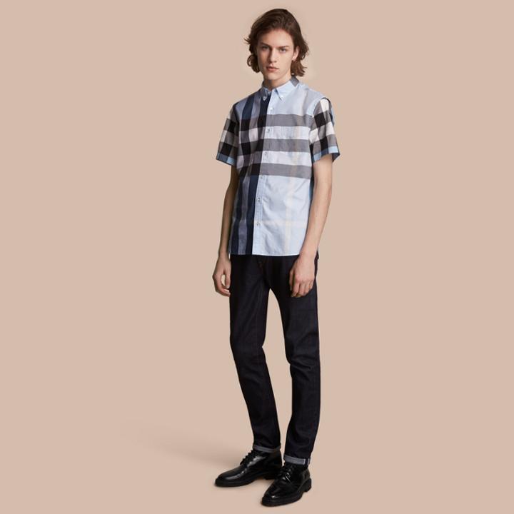 Burberry Burberry Button-down Collar Short-sleeve Check Cotton Shirt, Size: M, Blue