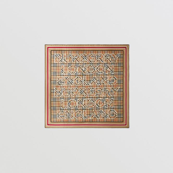 Burberry Burberry Logo Print Vintage Check Silk Square Scarf, Beige