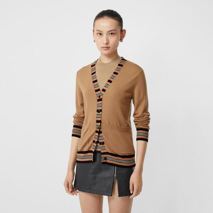 Burberry Burberry Icon Stripe Detail Wool Cardigan, Brown