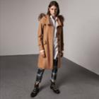 Burberry Burberry Hooded Wool Blend Coat With Detachable Fur Trim, Size: 12, Brown