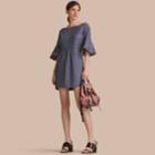 Burberry Burberry Bell Sleeve Cotton Chambray Dress With Check Detail, Size: 06, Blue