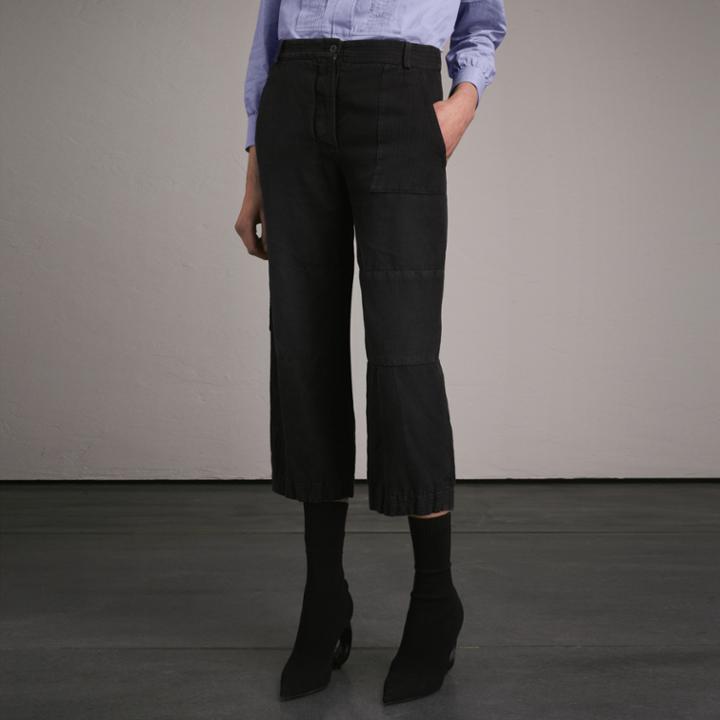 Burberry Burberry Ramie Cotton Cropped Workwear Trousers, Size: 06, Black
