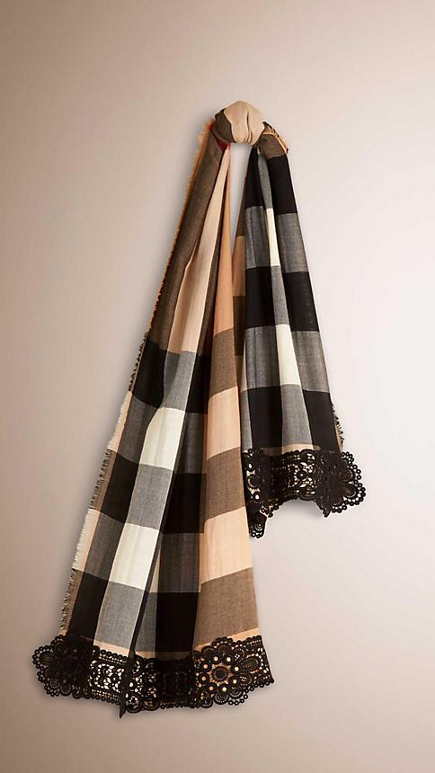 Burberry Prorsum Lace Trim Check Cashmere Scarf