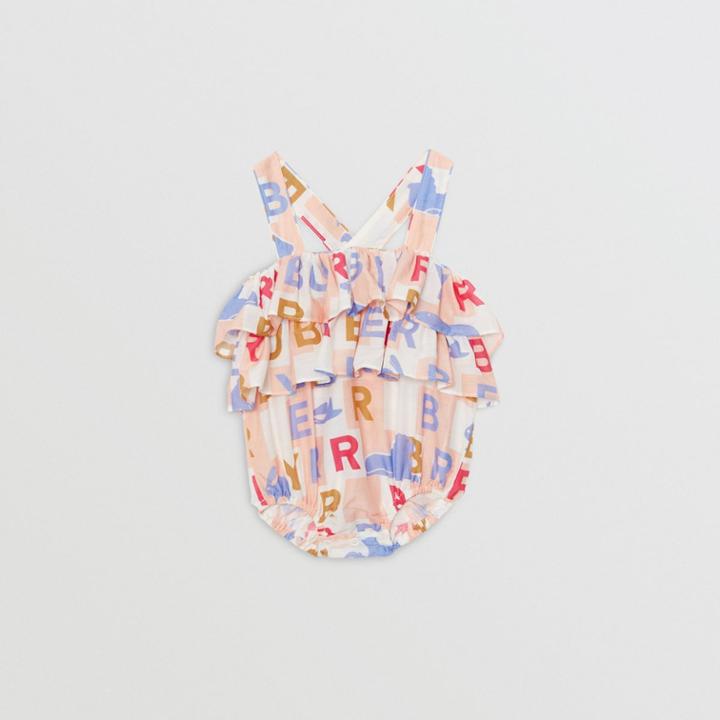 Burberry Burberry Childrens Ruffle Detail Logo Print Cotton Silk Playsuit, Size: 12m, Pink