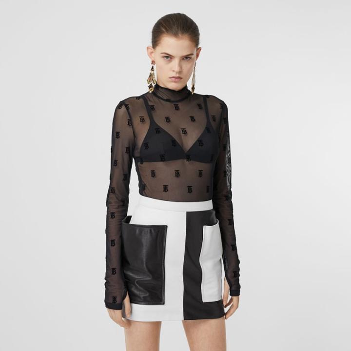 Burberry Burberry Monogram Motif Flock Mesh Turtleneck Top, Size: Xl, Black