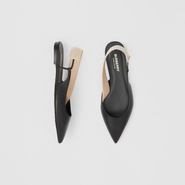 Burberry Burberry Logo Detail Leather Slingback Flats, Size: 38, Black