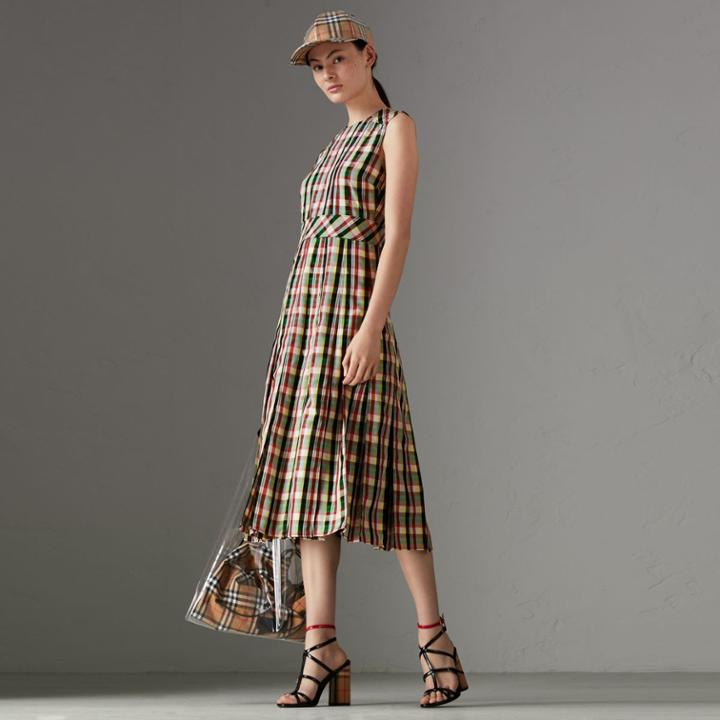 Burberry Burberry Sleeveless Pleat Detail Check Georgette Dress, Size: 06, Green