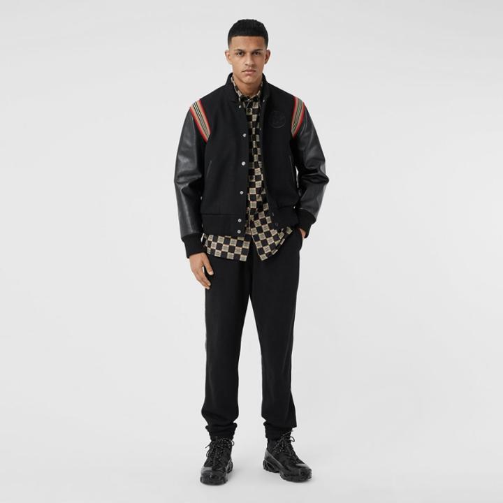 Burberry Burberry Icon Stripe Trim Wool Felt And Leather Bomber Jacket, Size: 34