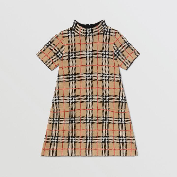 Burberry Burberry Childrens Check Merino Wool Jacquard Dress, Size: 10y, Beige