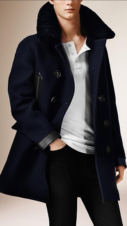 Burberry Shearling Collar Wool Blend Pea Coat