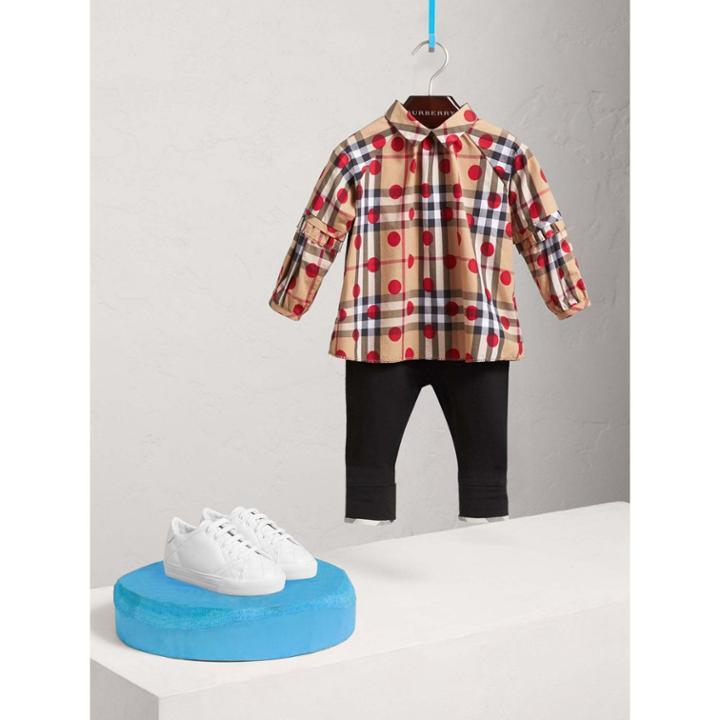 Burberry Burberry Ruffle Detail Dot Print Check Cotton Top, Size: 2y