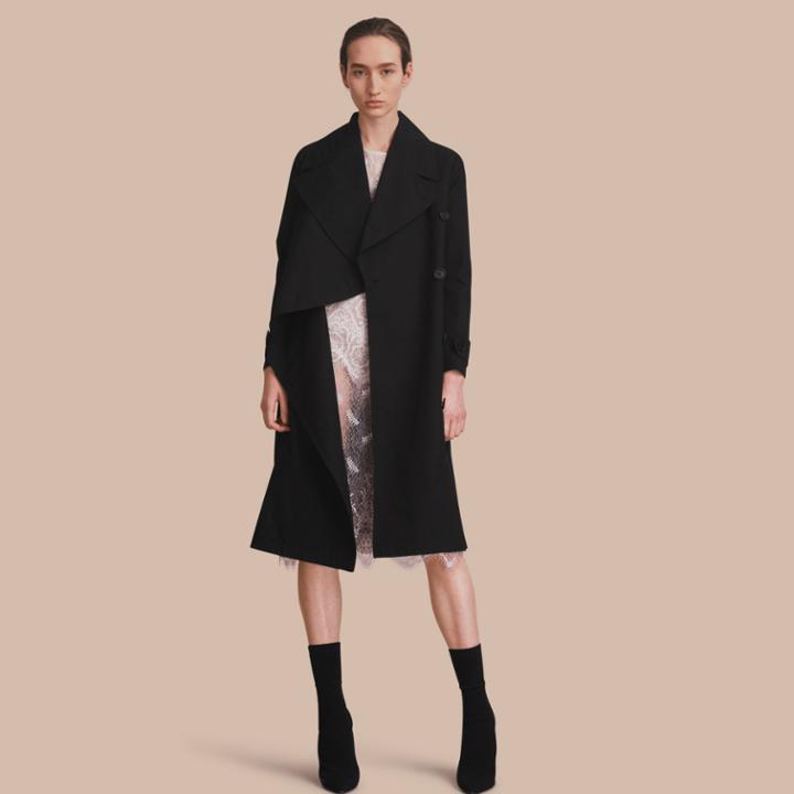 Burberry Burberry Cotton Gabardine Coat With Curved Closure, Size: 14, Black