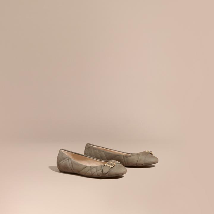 Burberry Burberry Buckle Detail Quilted Suede Ballerinas, Size: 37, Grey