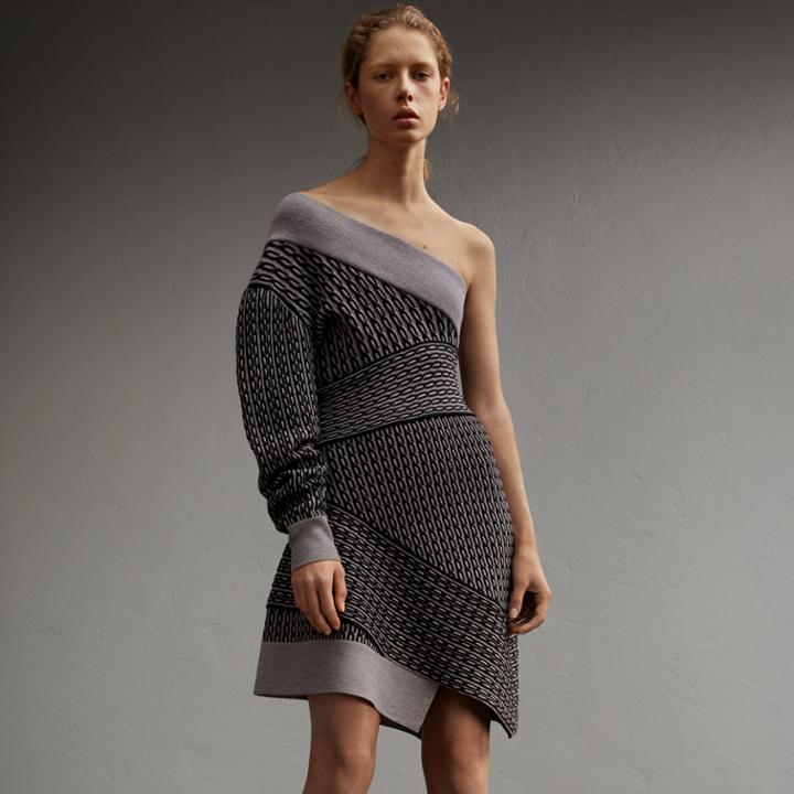 Burberry Burberry One-shoulder Cable Knit Wool Blend Dress, Size: M, Grey