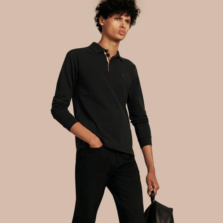 Burberry Burberry Check Placket Long Sleeve Polo Shirt, Black