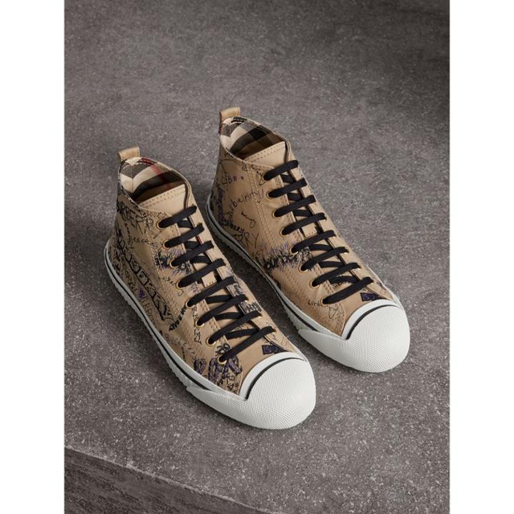 Burberry Burberry Doodle Print Cotton Gabardine High-top Trainers, Size: 43
