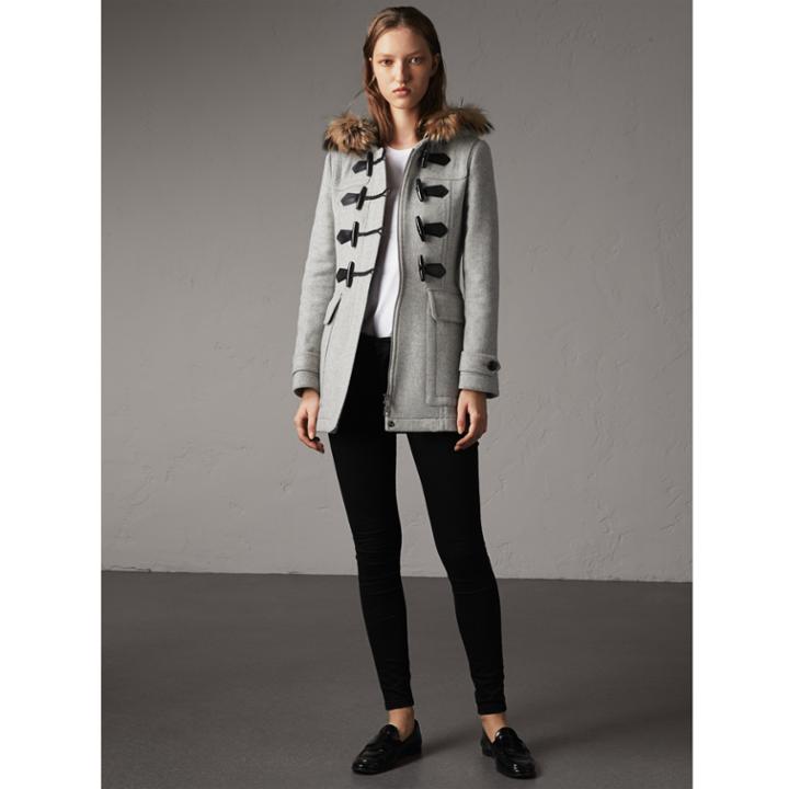Burberry Burberry Wool Duffle Coat With Detachable Fur Trim, Size: 10, Grey