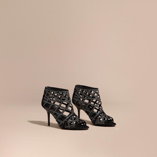 Burberry Studded Cut-out Leather Peep-toe Ankle Boots