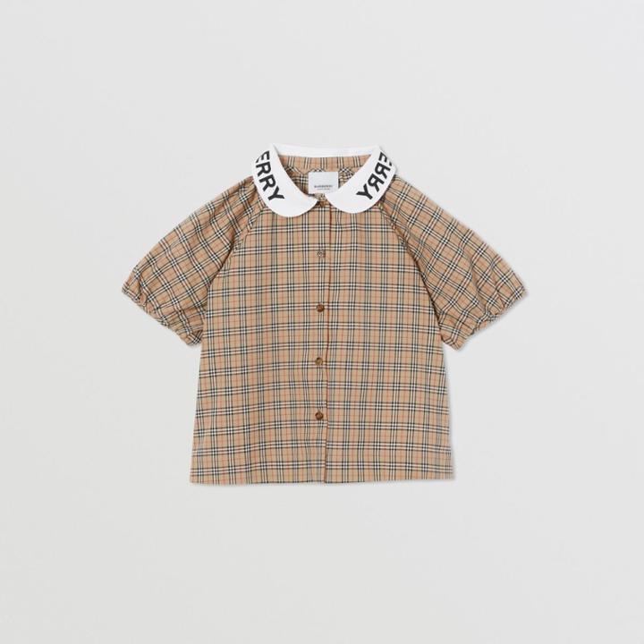 Burberry Burberry Childrens Logo Print Puff-sleeve Check Stretch Cotton Blouse, Size: 12y