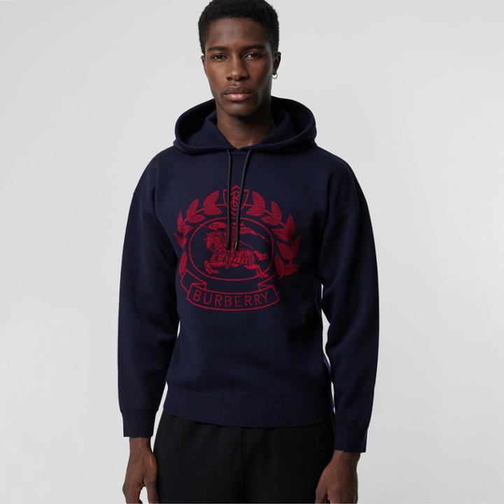 Burberry Burberry Crest Merino Wool Blend Jacquard Hoodie, Blue
