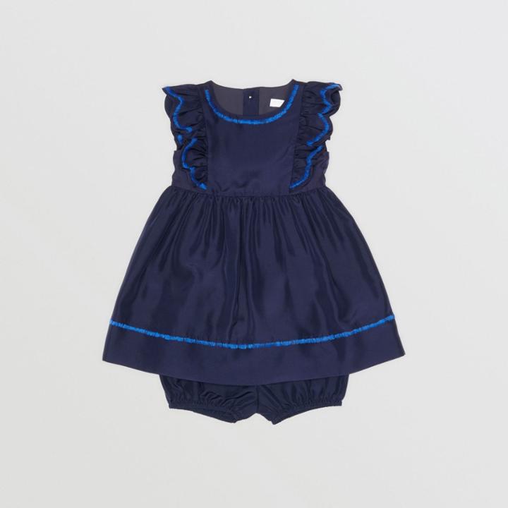 Burberry Burberry Childrens Ruffle Detail Embroidered Silk Dress With Bloomers, Size: 2y, Blue