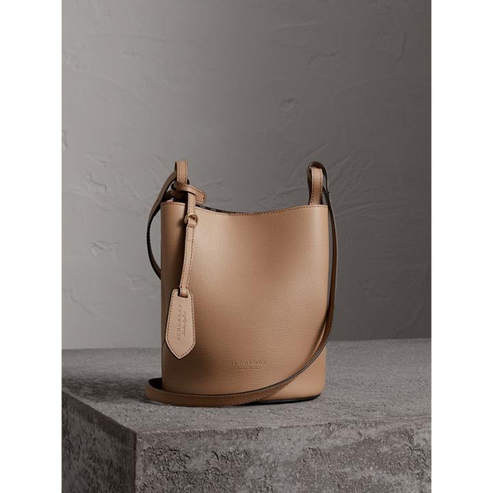Burberry Burberry Leather And Haymarket Check Crossbody Bucket Bag, Beige
