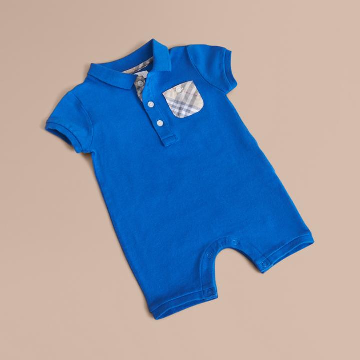 Burberry Burberry Check Detail Stretch Cotton Piqu Playsuit, Size: 6m, Blue