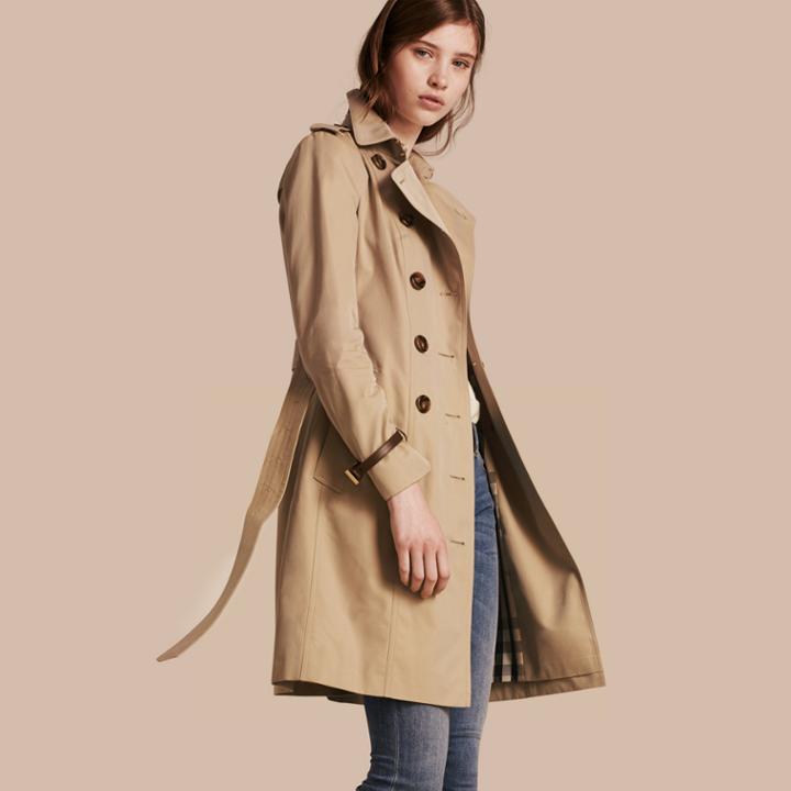 Burberry Burberry Leather Trim Cotton Gabardine Trench Coat, Size: 04, Yellow