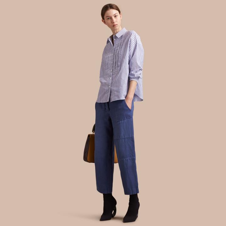 Burberry Burberry Pleated Bib Striped Cotton Shirt, Size: 06, Blue
