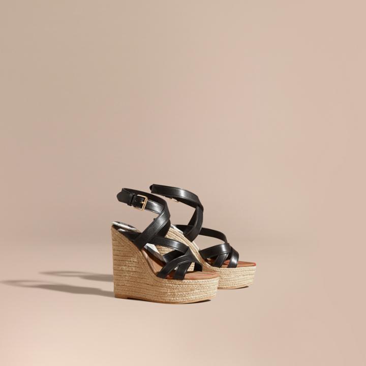 Burberry Burberry Leather Platform Espadrille Wedge Sandals, Size: 37.5, Black