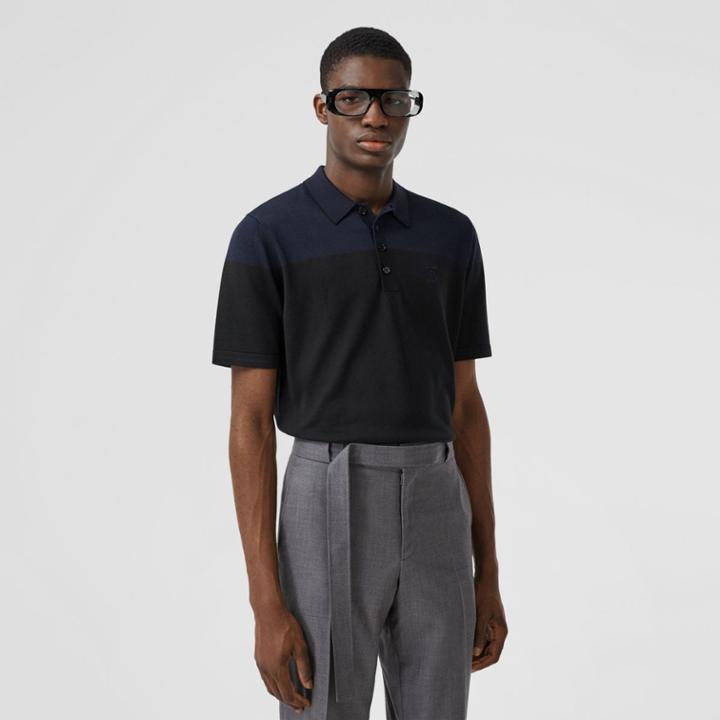 Burberry Burberry Monogram Motif Two-tone Silk Cashmere Polo Shirt, Black