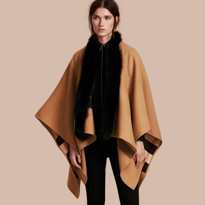 Burberry Burberry Check Merino Wool Poncho With Fox Fur Trim, Brown