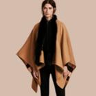 Burberry Burberry Check Merino Wool Poncho With Fox Fur Trim, Brown