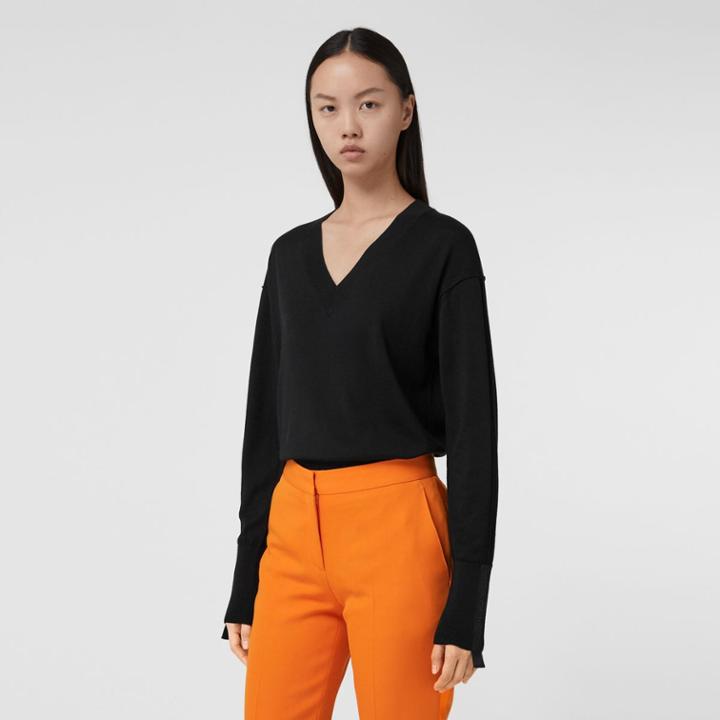 Burberry Burberry Logo Detail Wool Silk Sweater, Size: Xl, Black