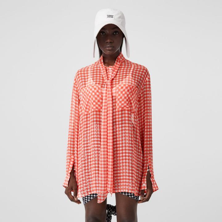 Burberry Burberry Gingham Silk Chiffon Pussy-bow Blouse, Size: 02, Red