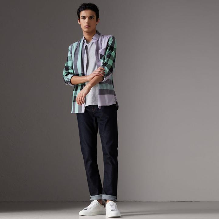 Burberry Burberry Button-down Collar Check Stretch Cotton Blend Shirt, Purple