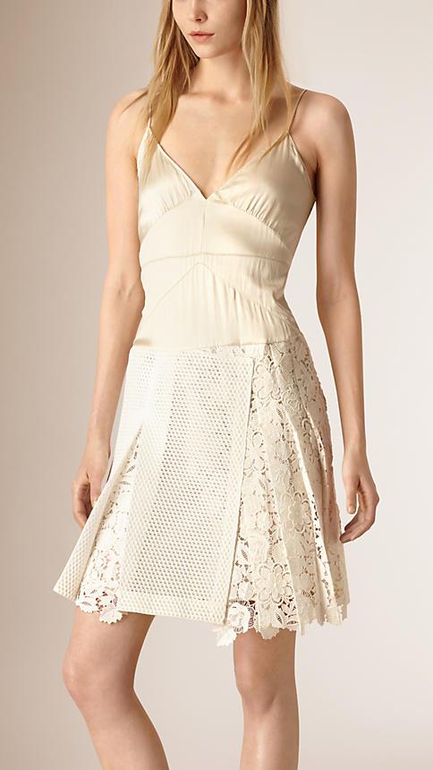 Burberry Prorsum Silk Camisole Dress With Military Pleat Macram Skirt