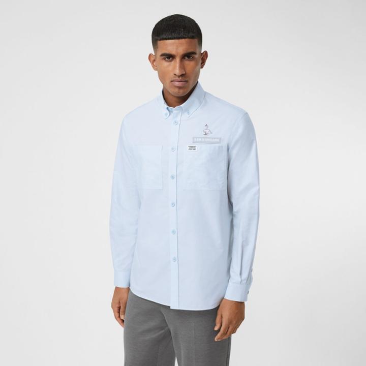 Burberry Burberry Swan And Slogan Appliqu Cotton Oversized Shirt, Size: M, Blue
