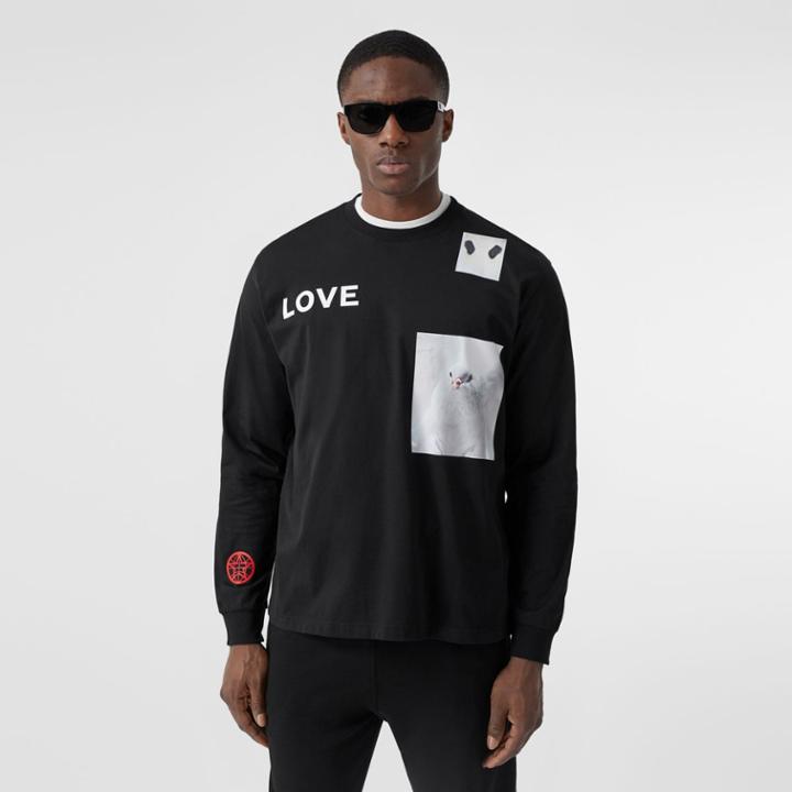 Burberry Burberry Long-sleeve Montage Print Cotton Top, Black