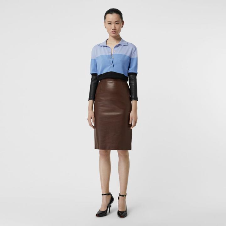 Burberry Burberry Long-sleeve Lambskin Detail Wool Polo Shirt, Blue