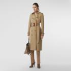 Burberry Burberry Leather Detail Cotton Gabardine Trench Coat, Size: 00, Yellow