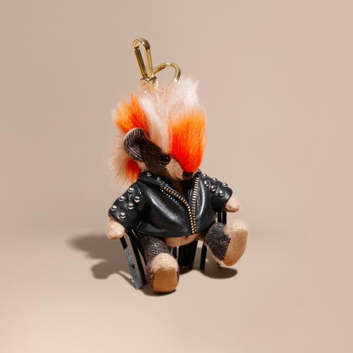 Burberry Burberry The Punk Thomas Bear Charm With Fringed Lambskin Jacket, Brown