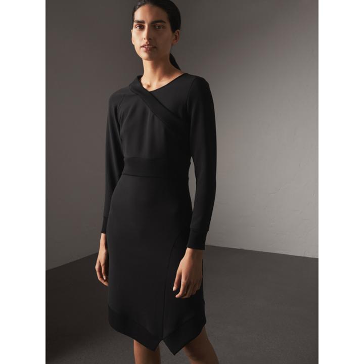 Burberry Burberry Ribbed Trim Crepe Asymmetric Dress, Size: 06, Black
