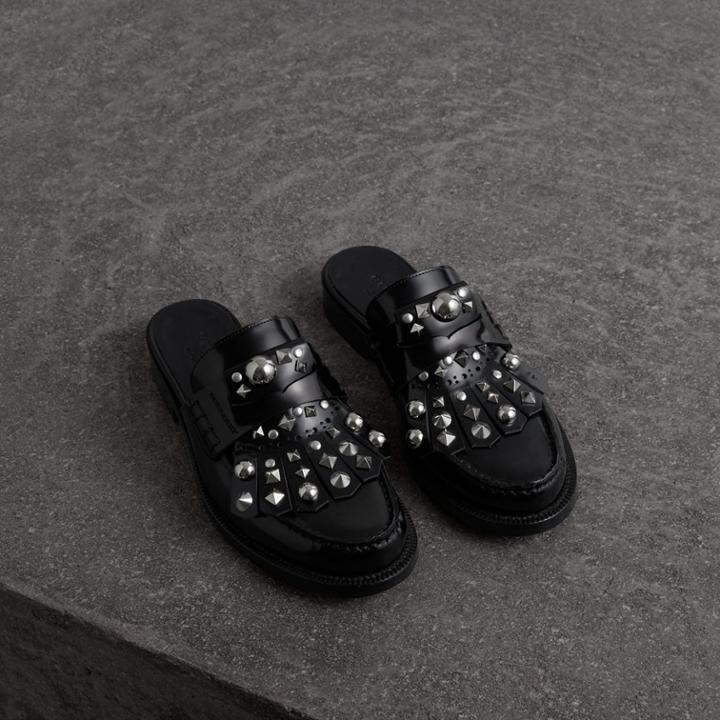 Burberry Burberry Studded Fringe Patent Leather Mules, Size: 36, Black
