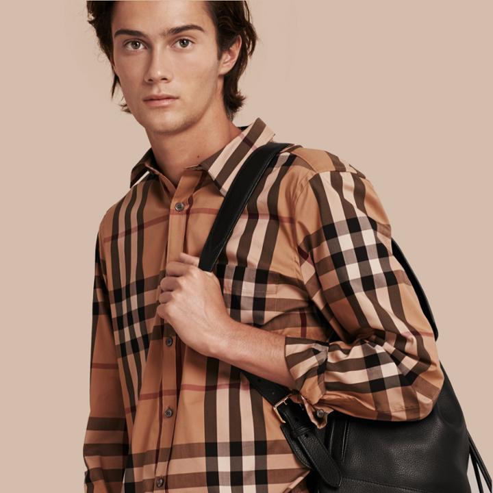 Burberry Burberry Check Stretch Cotton Shirt, Size: L, Brown