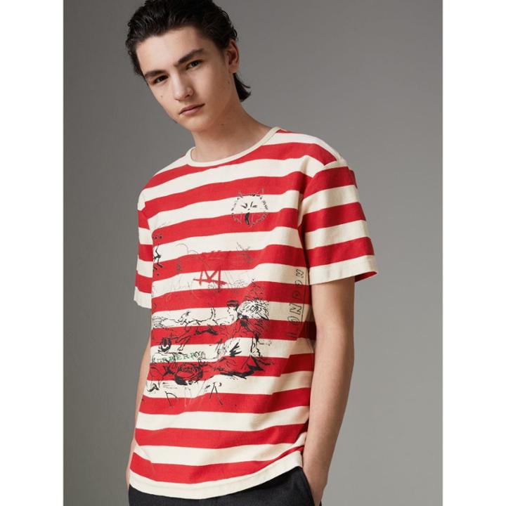 Burberry Burberry Adventure Print Striped Cotton T-shirt, Size: L, White