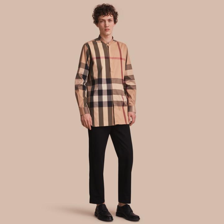 Burberry Burberry Grandad Collar Check Cotton Blend Shirt, Brown